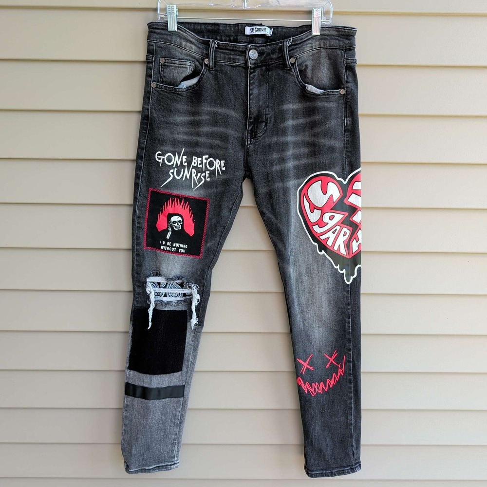 Sugarhill Graphic Patches Distressed Jeans Mens 34 Black Skinny Punk Streetwear
